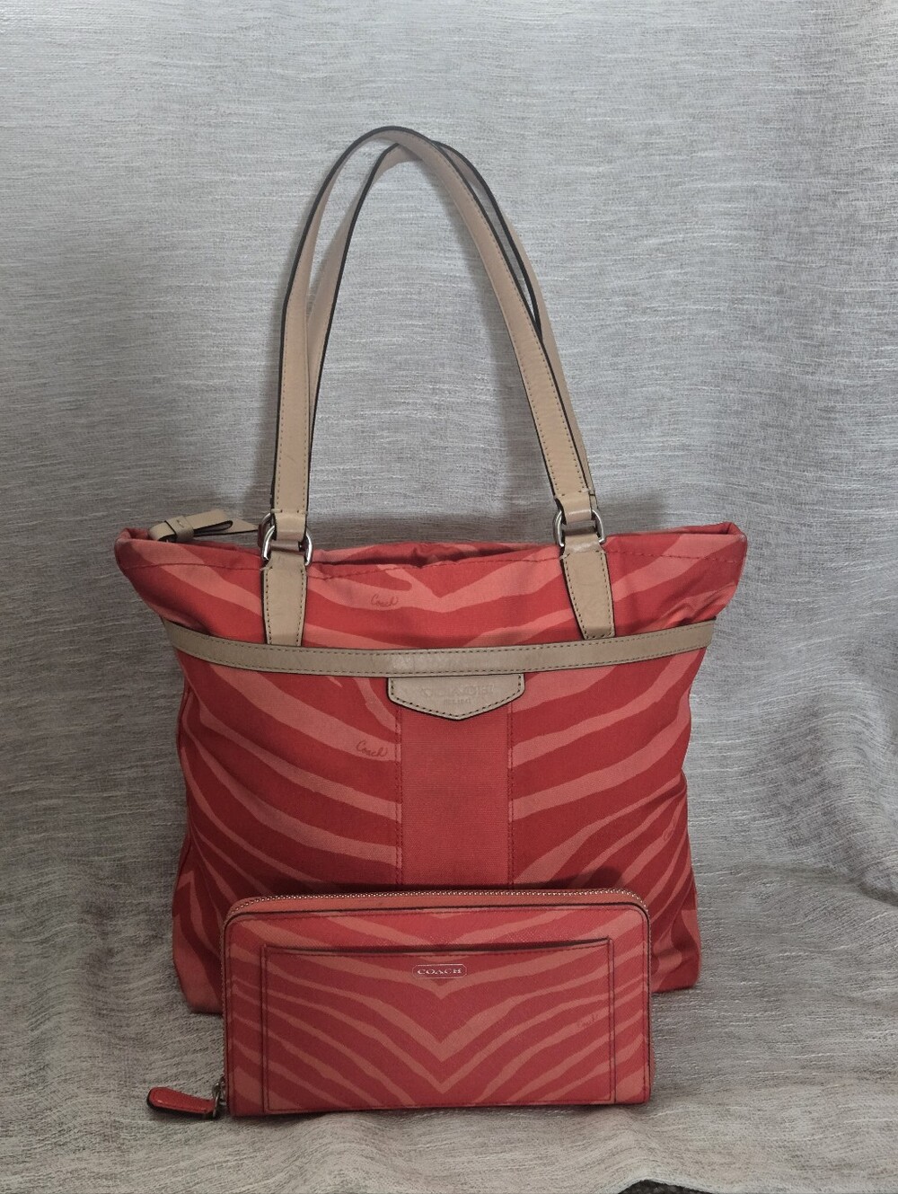 Coach Coral-Red Zebra Print Tote with Matching Wallet